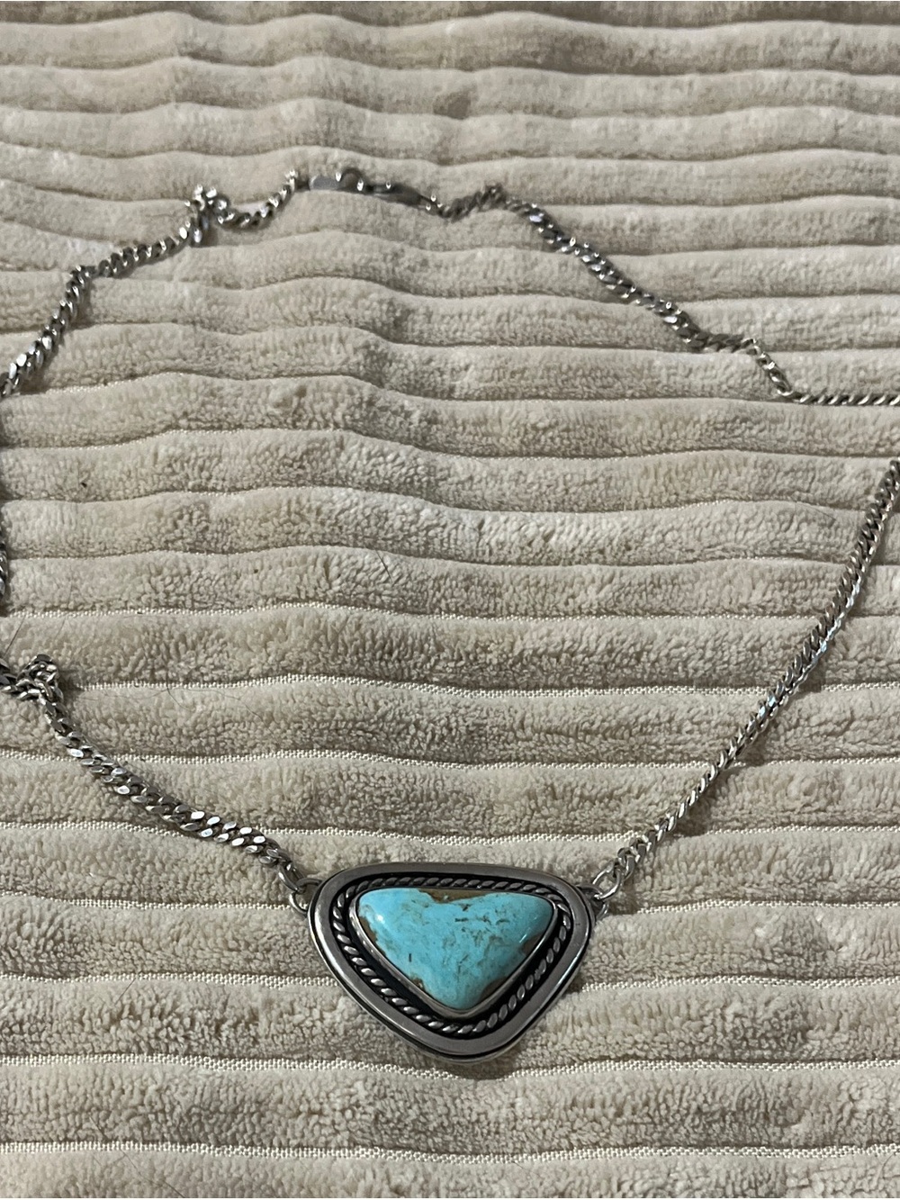 Sterling Silver Turquoise Triangle Pendant Necklace- handmade by silversmith - Picture 7 of 8
